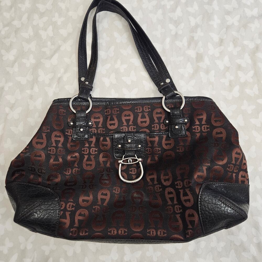 Etienne Aigner Jacquard Hobo Bag DarkBrown w/ Black Leather Trim Equestrian Boho